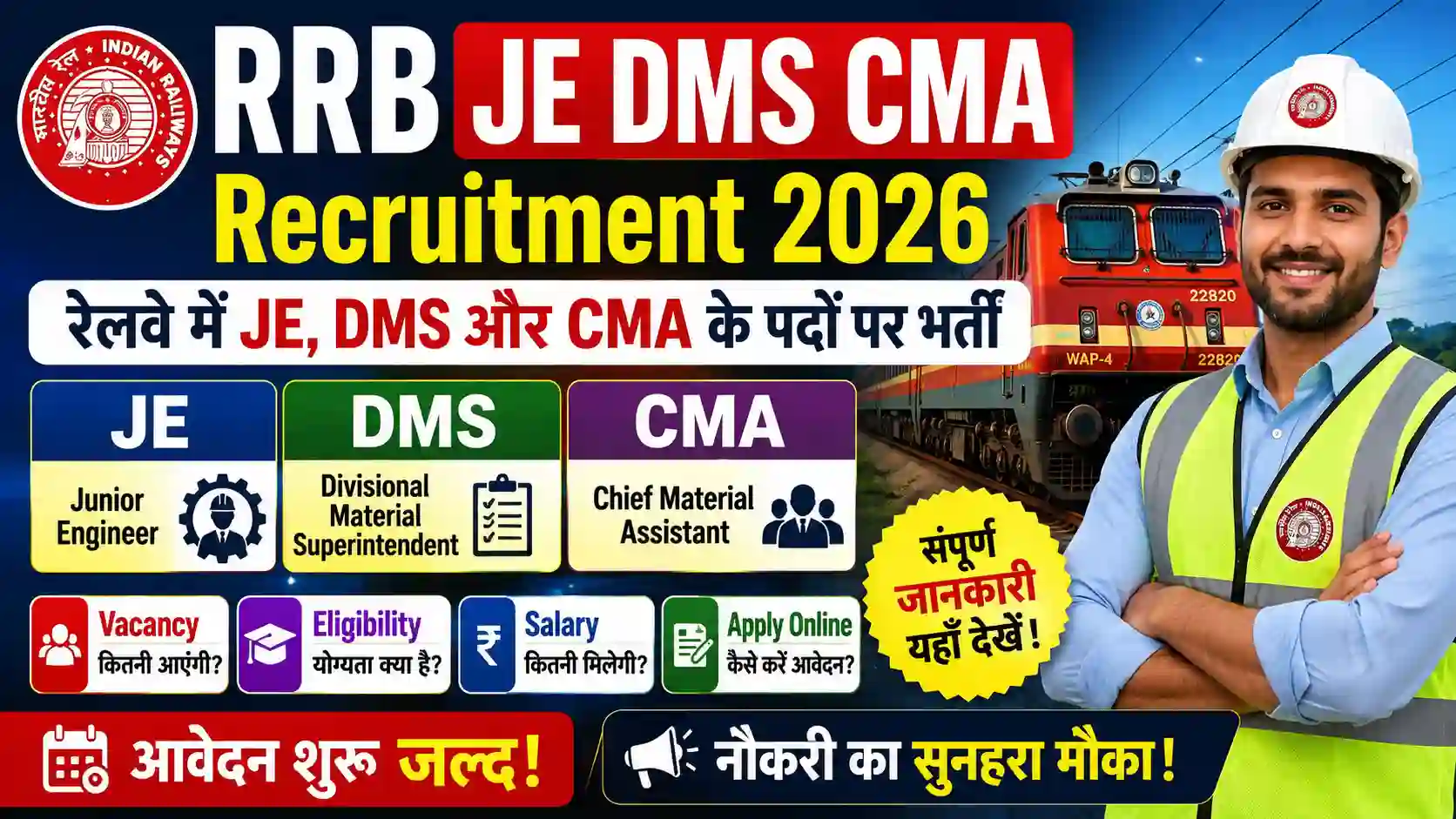 RRB JE DMS CMA Recruitment 2026: रेलवे में JE, DMS और CMA के पदों पर भर्ती, Vacancy, Eligibility, Salary और Apply Online की पूरी जानकारी